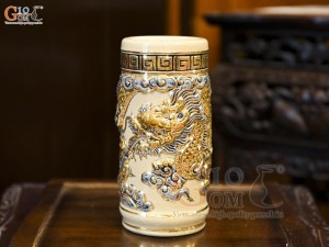 Ống hương men hoàng tộc đắp nổi Rồng Như Ý vẽ vàng 24k, cao 20cm
