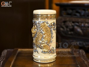 Ống hương men hoàng tộc đắp nổi Rồng Như Ý vẽ vàng 24k, cao 20cm