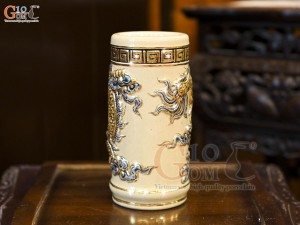 Ống hương men hoàng tộc đắp nổi Rồng Như Ý vẽ vàng 24k, cao 20cm