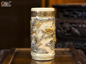 Ống hương men hoàng thổ đắp nổi Rồng Như Ý vẽ vàng 24k, cao 20cm