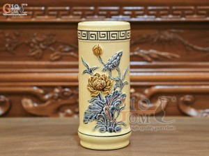 Ống hương men hoàng tộc đắp nổi Sen Cát Tường, cao 18cm