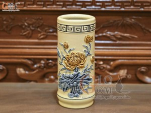 Ống hương men hoàng tộc đắp nổi Sen Cát Tường, cao 18cm