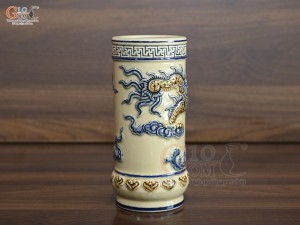 Ống hương men hoàng tộc đắp nổi Rồng Phúc Mãn, cao 22cm