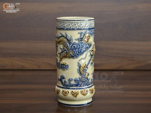 Ống hương men hoàng tộc đắp nổi Rồng Phúc Mãn, cao 22cm