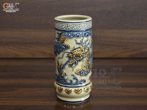 Ống hương men hoàng tộc đắp nổi Rồng Phúc Mãn, cao 22cm