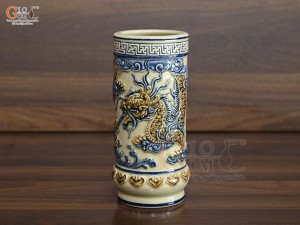 Ống hương men hoàng tộc đắp nổi Rồng Phúc Mãn, cao 22cm