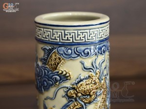 Ống hương men hoàng tộc đắp nổi Rồng Phúc Mãn, cao 22cm