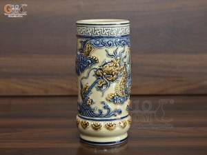 Ống hương men hoàng tộc đắp nổi Rồng Phúc Mãn, cao 22cm
