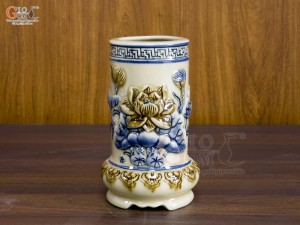 Ống hương men hoàng tộc đắp nổi Sen, cao 17cm