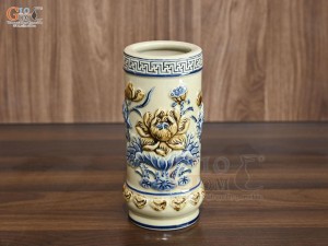 Ống hương men hoàng tộc đắp nổi Sen Phú Quý, cao 22cm