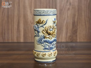Ống hương men hoàng tộc đắp nổi Sen Phú Quý, cao 22cm