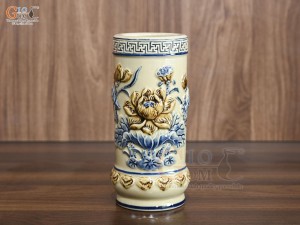 Ống hương men hoàng tộc đắp nổi Sen Phú Quý, cao 20cm