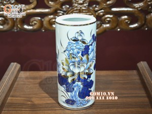 Ống hương men lam cổ Sen Cát Tường, vẽ vàng 24k, cao 18cm