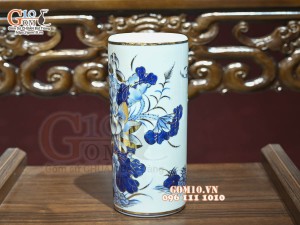 Ống hương men lam cổ Sen Cát Tường, vẽ vàng 24k, cao 18cm