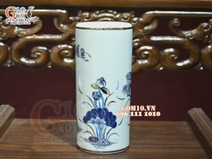 Ống hương men lam cổ Sen Cát Tường, vẽ vàng 24k, cao 18cm