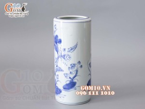 Ống hương men lam vẽ Sen Tài Lộc, cao 22cm