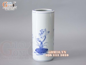 Ống hương men lam vẽ Sen Tài Lộc, cao 22cm