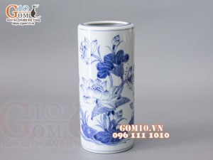 Ống hương men lam vẽ Sen Tài Lộc, cao 22cm