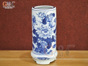 Ống hương men lam cổ vẽ Sen Tài Lộc, cao 20cm