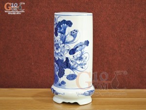Ống hương men lam cổ vẽ Sen Tài Lộc, cao 20cm