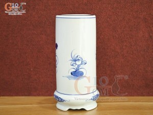 Ống hương men lam cổ vẽ Sen Tài Lộc, cao 20cm