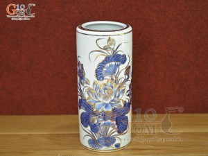 Ống hương men lam cổ vẽ Sen Tài Lộc vẽ vàng 24k, cao 22cm