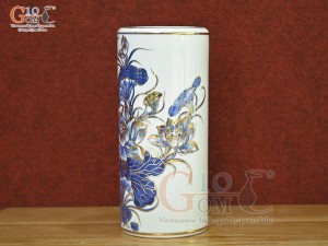 Ống hương men lam cổ vẽ Sen Tài Lộc vẽ vàng 24k, cao 22cm