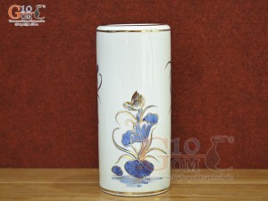 Ống hương men lam cổ vẽ Sen Tài Lộc vẽ vàng 24k, cao 22cm