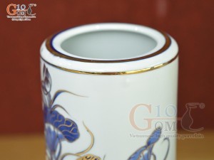 Ống hương men lam cổ vẽ Sen Tài Lộc vẽ vàng 24k, cao 22cm