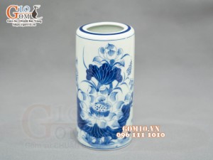 Ống hương men lam vẽ Sen Tài Lộc, cao 18cm