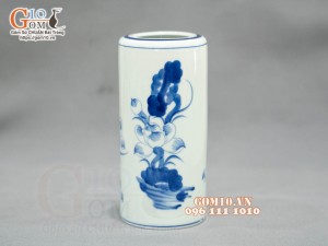 Ống hương men lam vẽ Sen Tài Lộc, cao 18cm