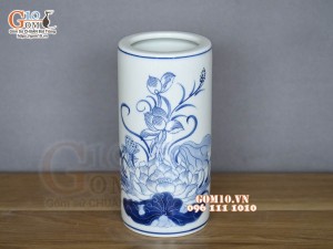 Ống hương men lam vẽ Sen Đại Cát, cao 20cm
