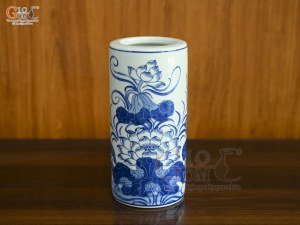 Ống hương men lam vẽ Sen Đại Cát, cao 18cm