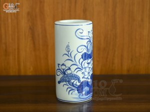 Ống hương men lam vẽ Sen Đại Cát, cao 20cm