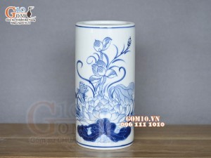 Ống hương men lam vẽ Sen Đại Cát, cao 20cm