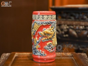 Ống hương men màu đắp nổi Rồng Như Ý nền đỏ, cao 20cm