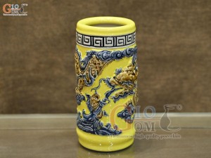 Ống hương men màu đắp nổi Rồng Như Ý nền vàng, cao 20cm