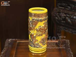 Ống hương men màu đắp nổi Rồng Như Ý nền vàng vẽ vàng 24k, cao 20cm