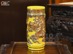 Ống hương men màu đắp nổi Rồng Như Ý nền vàng vẽ vàng 24k, cao 20cm