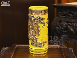 Ống hương men màu đắp nổi Rồng Như Ý nền vàng vẽ vàng 24k, cao 20cm