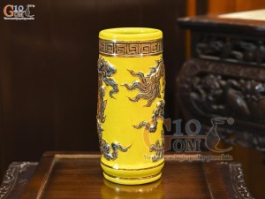 Ống hương men màu đắp nổi Rồng Như Ý nền vàng vẽ vàng 24k, cao 20cm