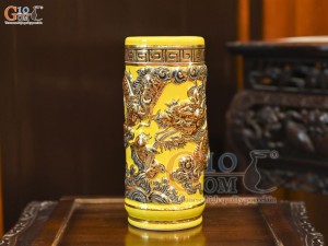 Ống hương men màu đắp nổi Rồng Như Ý nền vàng vẽ vàng 24k, cao 22cm