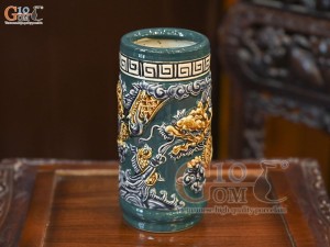 Ống hương men màu đắp nổi Rồng Như Ý nền xanh lục bảo, cao 24cm