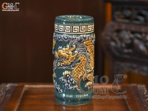 Ống hương men màu đắp nổi Rồng Như Ý nền xanh lục bảo, cao 24cm