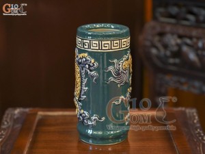 Ống hương men màu đắp nổi Rồng Như Ý nền xanh lục bảo, cao 24cm