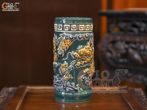 Ống hương men màu đắp nổi Rồng Như Ý nền xanh lục bảo, cao 20cm