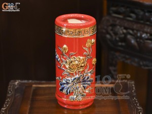 Ống hương men màu đắp nổi Sen Cát Tường nền đỏ vẽ vàng 24k, cao 20cm