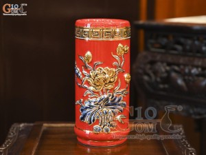 Ống hương men màu đắp nổi Sen Cát Tường nền đỏ vẽ vàng 24k, cao 20cm
