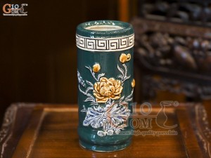 Ống hương men màu đắp nổi Sen Cát Tường nền xanh lục bảo, cao 18cm