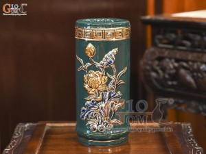 Ống hương men màu đắp nổi Sen Cát Tường nền xanh lục bảo vẽ vàng 24k, cao 22cm